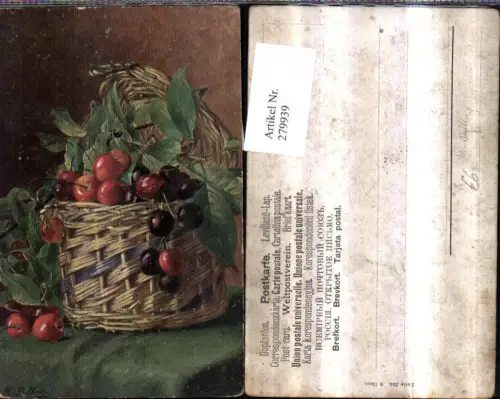 279939,Künstler AK M. Billing Essen Stillleben Kirschen Früchte Korb