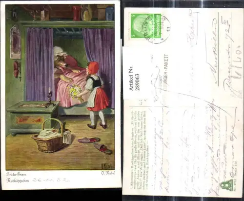 289063,Künstler Ak Otto Kubel Brüder Grimm Rotkäppchen Wolf i. Bett Märchen