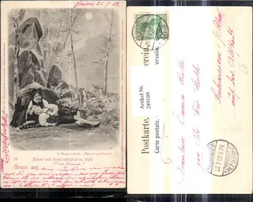 289109,Künstler Ak E. Humperdinck Hänsel u. Gretel schlafend i. Wald Märchen