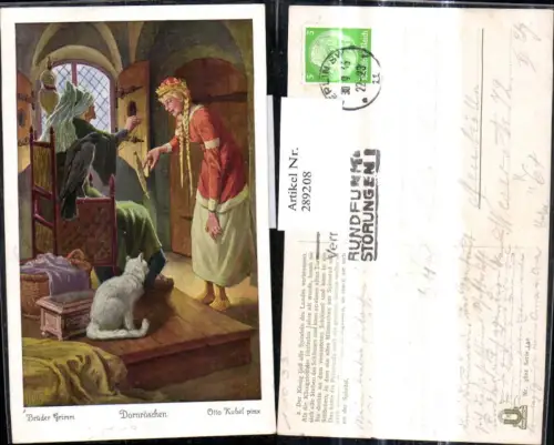289208,Künstler Ak Otto Kubel Brüder Grimm Dornröschen Märchen Spindel Katze