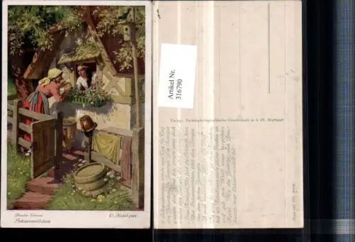 316790,Künstler AK O. Kubel Brüder Grimm Märchen Schneewittchen Hexe m. Apfel Fenster
