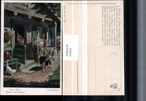 316812,Künstler AK O. Kubel Brüder Grimm Märchen Hänsel u. Gretel Holzhütte Katze