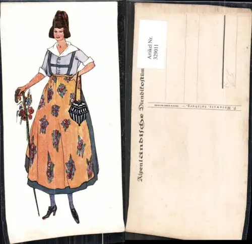 329011,Künstler Ak Alpenländische Dirndl Tracht Trachten Gehstock Tasche