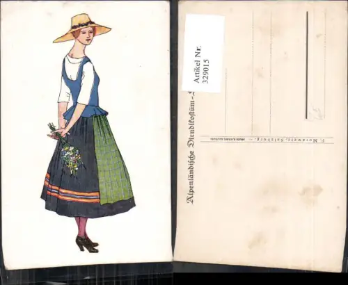 329015,Künstler Ak Alpenländische Dirndl Tracht Trachten Hut Strohhut Blumenstrauß