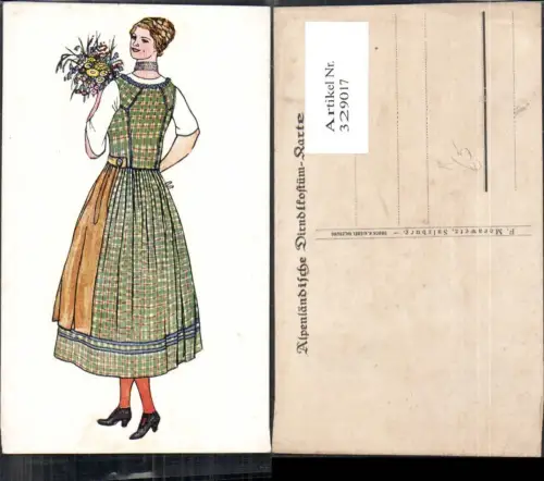 329017,Künstler Ak Alpenländische Dirndl Tracht Trachten Rückenansicht Blumenstrauß