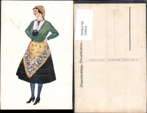 329018,Künstler Ak Alpenländische Dirndl Tracht Trachten Kopftuch Schürze