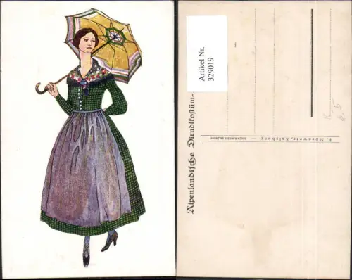 329019,Künstler Ak Alpenländische Dirndl Tracht Trachten Regenschirm Schirm