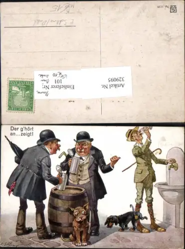 329095,Künstler Litho E. Schlemo Männer Bierkrug Hut Dackel Kater Humor Bier