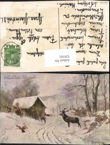 329181,Künstler Ak Jagd Hirsch Wild Futterstelle Winter Landschaft Neujahr