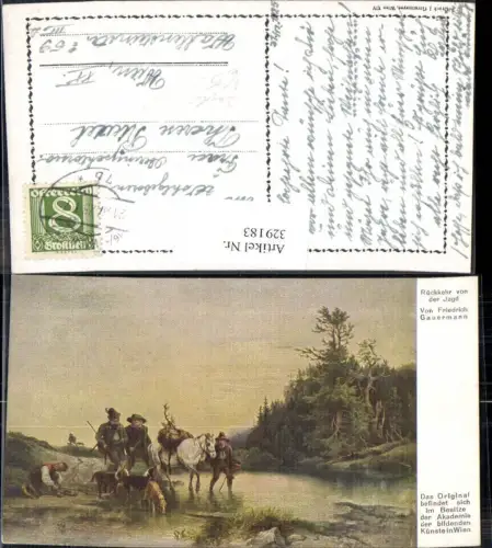 329183,Künstler Ak Friedrich Gauermann Rückkehr v. d. Jagd Jäger Wild Hunde Pferde Fluss
