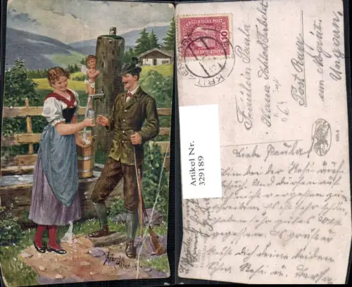 329189,Künstler Ak J. Kränzle Beim Dorfbrunnen Jäger m. Frau Amor Jagd