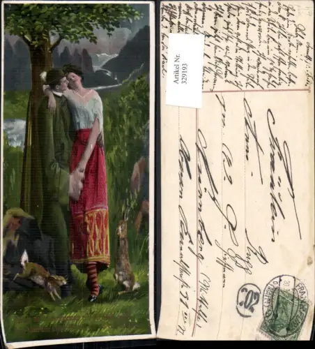 329193,Künstler Ak Jäger Umarmung m. Frau Hasen Jagd Liebe Spruch