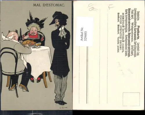 329493,Künstler Ak Paar b. Essen Mann Mal D Estomac Mord Tod