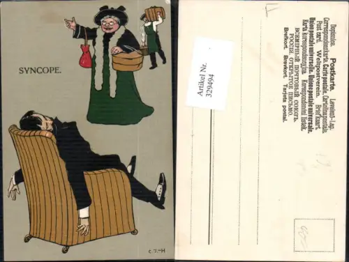 329494,Künstler Ak Toter Mann i. Sessel Frau Syncope Tod