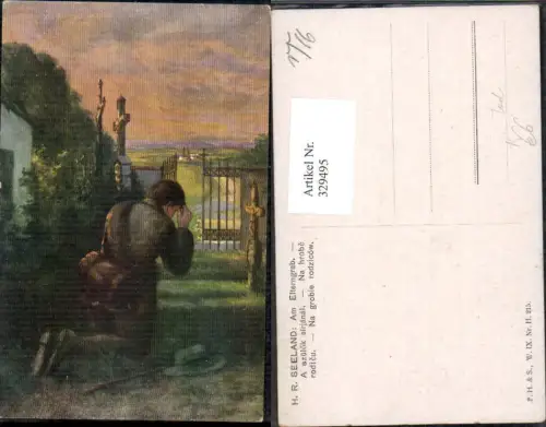329495,Künstler Ak H. R. Seeland Am Elterngrab Mann weint a. Grab Trauer Tod