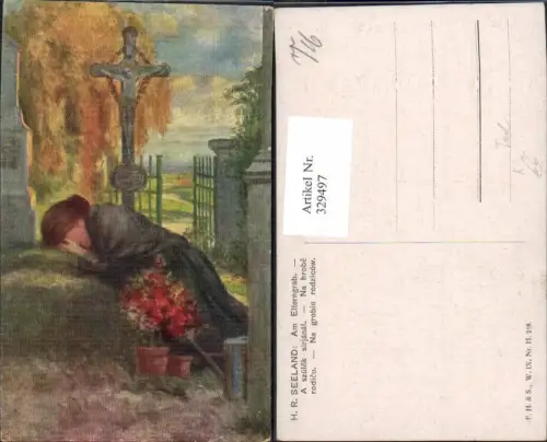 329497,Künstler Ak H. R. Seeland Am Elterngrab Frau weint a. Grab Trauer Tod