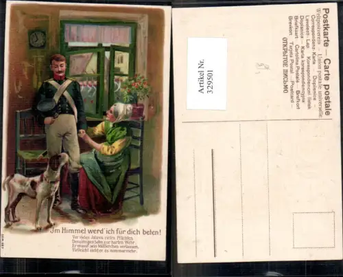 329501,Präge Litho Soldat m. Hund b. Mutter Spruch Trauer Tod