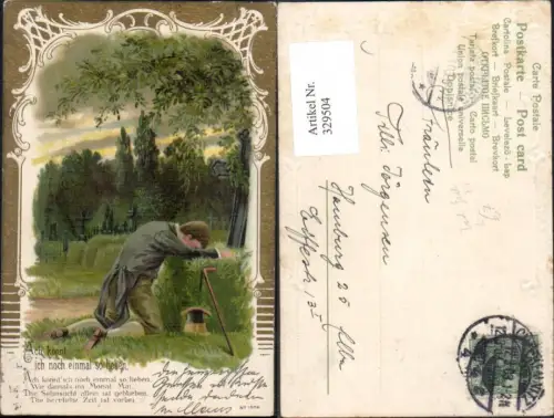 329504,Präge Litho Mann weint a. Grab Friedhof Trauer Spruch Tod