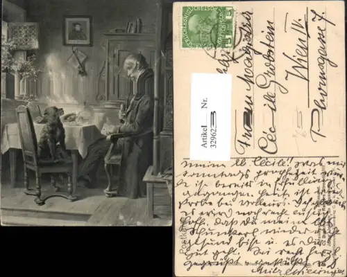329623,Künstler Ak C. Beckmann Alter Mann Pfeife Rauchen Hund