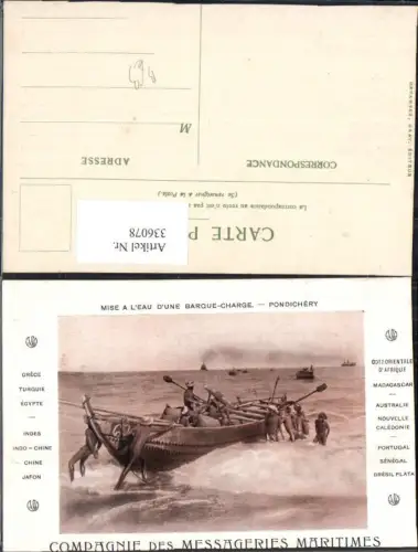 336078,Mise a L eau d une Barque Charge Pondichery Indien Schiff Boot Volkstypen
