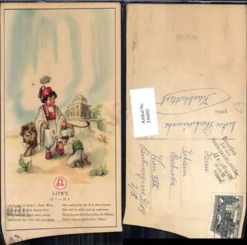 336093,Künstler Ak Volkstypen Tracht m. Löwe Sternzeichen Spruch Text