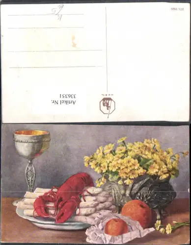 336351,Künstler Ak Stillleben Hummer Spargel Orange Weinkelch Schlüsselblume Blumen