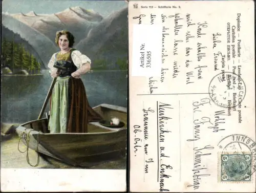 336505,Künstler Ak Tracht Frau i. Boot Bergkulisse Hut