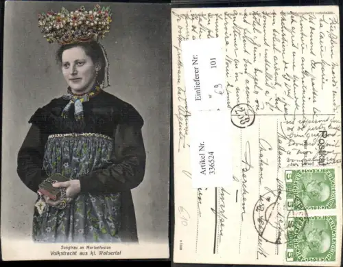 336524,Volkstracht aus kl. Walsertal Jungfrau an Marienfest Tracht Kopfschmuck Bibel Rosenkranz
