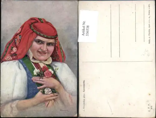 336538,Künstler Ak J. Koudelka Kunovjanka Tracht Tschechien Frau Kopftuch Nelken Blumen