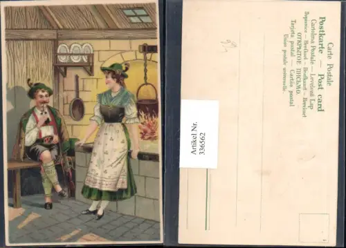 336562,Präge Litho Paar i. Tracht v. Feuerstelle Pfeife Rauchen
