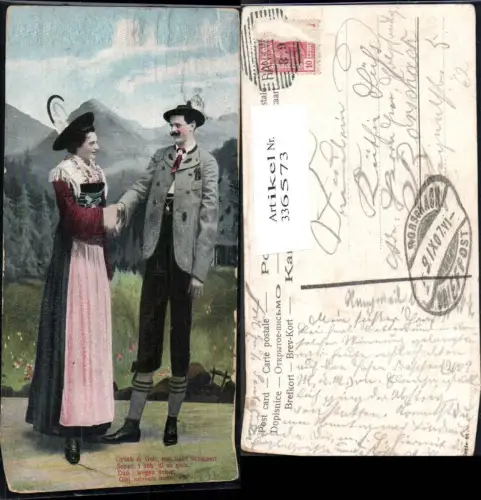 336573,Paar i. Tracht Hut Bergkulisse Spruch