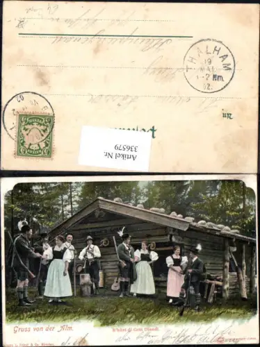 336579,Tracht Gruß v. d. Alm Paar Jagd Almhütte