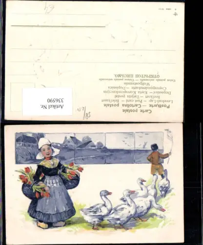 336590,Präge Ak Tracht Niederlande Frau m. Körbe Tulpen Gänse Gänsehirte