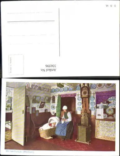 336596,Tracht Binnenhuisije Marken Frau strickt b. Wiege Kind Einrichtung Innenansicht Holland Haus