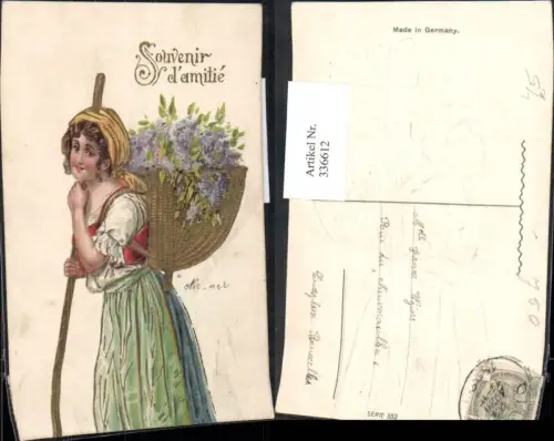 336612,Präge Litho Souvenir d amitie Frau i. Tracht Rückenkorb Blumen Wanderstock