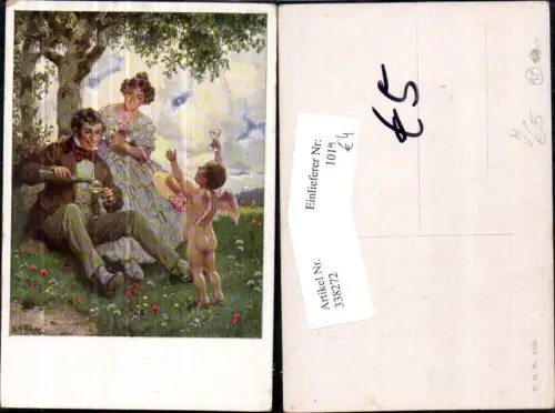 338272,Künstler Ak R. Höger Paar m. Weingläser Flasche Engel unter Baum Wein pub M. Munk 1324