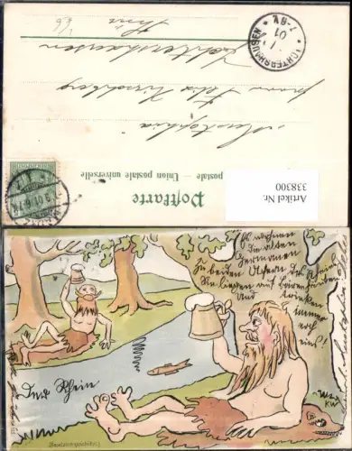 338300,Litho Betrunkene m. Bierkrug Fluss Am Rhein Fisch Prost