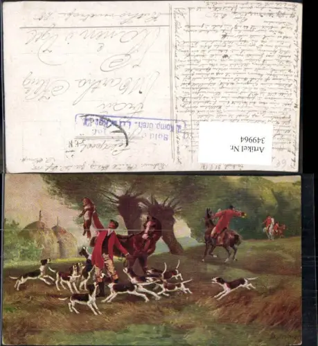 349964,Künstler Ak R. Kämmerer Jagd Fuchsjagd Jäger m. erlegten Fuchs Hunde