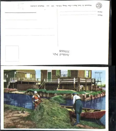 355668,Trachten Niederlande Marken Frau Mann schaufeln Heu v. Boot
