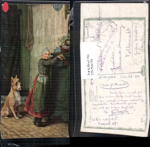 355678,Künstler Ak K. Mücke Naschkätzchen Trachten Niederlande Mädchen Hund Haube