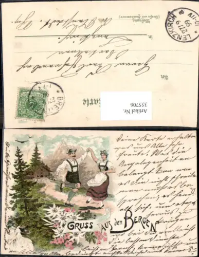 355706,Litho Trachten Deutschland Gruß a. d. Bergen Edelweiß Tanzendes Paar