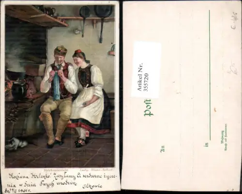 355720,Künstler Ak Ludw. v. Blume-Siebert Strickunterricht Trachten Polen