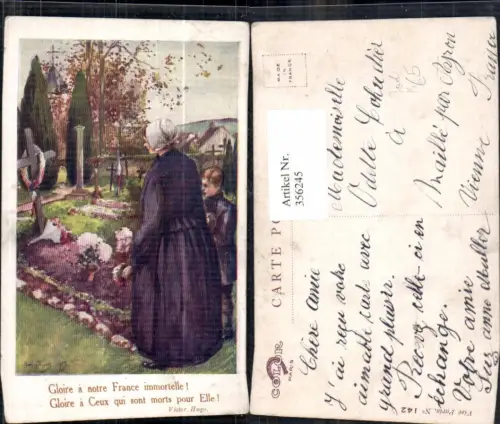 356245,Künstler Ak Gloire a notre France immortelle Frau Kind a. Grab Friedhof Tod