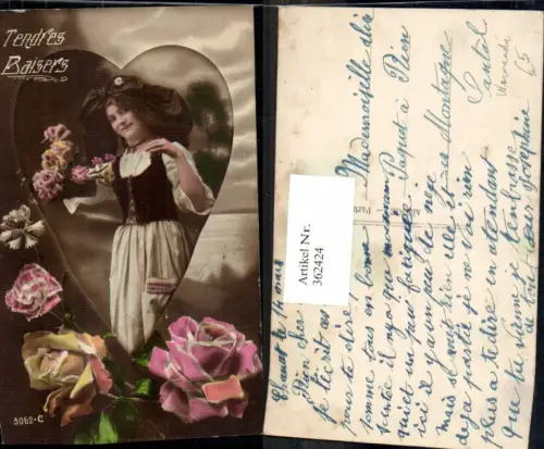 362424,Frau Kopftuch Trachten Normandie Frankreich Tendres Baisers Blumen Rosen Herz Passepartout