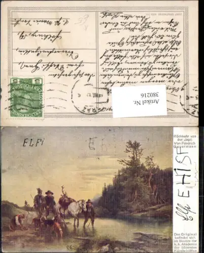 380216,Künstler Ak Friedrich Gauermann Rückkehr v. d. Jagd Jäger Jagdhund Hirsch a. Pferd
