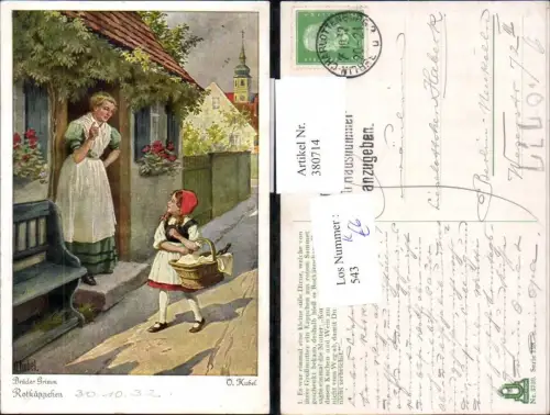 380714,Künstler Ak O. Kubel Rotkäppchen m. Korb Kopftuch Brüder Grimm Märchen