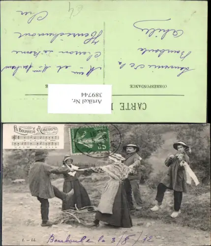 389744,Tanzen La Bourreio d Aubergno Notenzeile Tracht Volkstanz Geige Musik