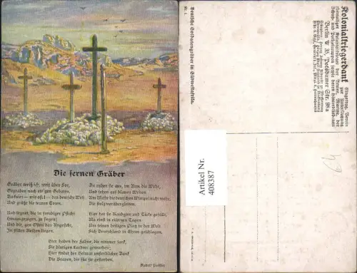 408387,Künstler Ak Die fernen Gräber Kreuz Tod Text Kolonialkriegerdank