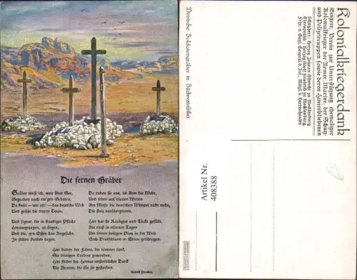 408388,Künstler Ak Die fernen Gräber Kreuz Tod Text Kolonialkriegerdank