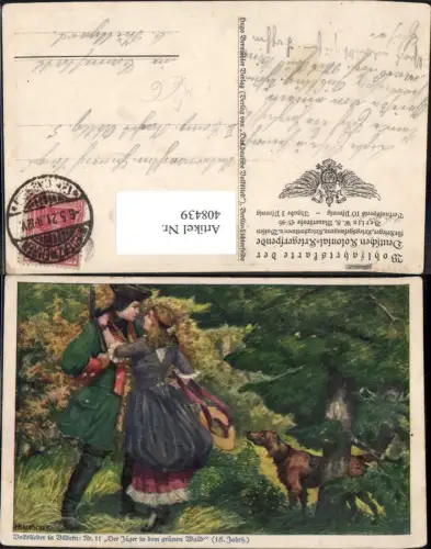 408439,Künstler Ak H. Baluschek Der Jäger i. d. grünen Wald Hund Frau Liebe Jagd